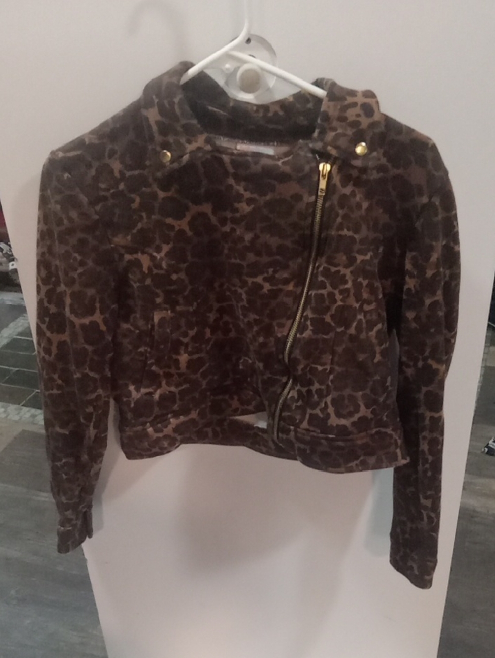 (525) LuLaRoe Brown Leopard-Print Asymmetrical Zip Jacket, Cropped